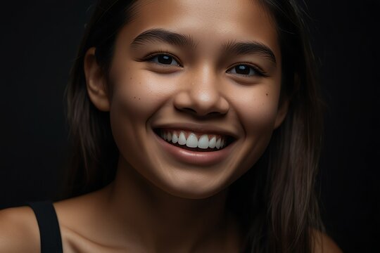 young filipino teenage girl on plain bright black background laughing hysterically looking at camera background banner template ad marketing concept from Generative AI