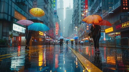 Rainy metropolitan streets, glistening asphalt reflecting city lights, pedestrians with colorful...
