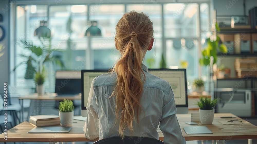 Aufkleber Female architect sitting in a bright office with computer screens at modern workspace. Generative AI.