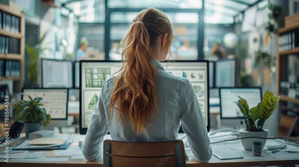 Leinwandbilder Female architect sitting in a bright office with computer screens at modern workspace. Generative AI.