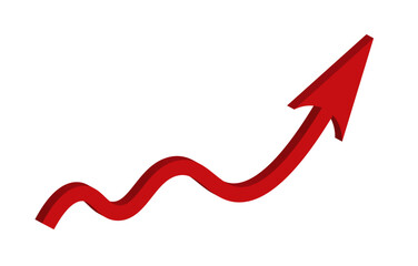 Red 3d large wavy arrow symbol to up. Inflation Bar chart. Decline graph. Rising price. Finance. Economy. Market. Financial planning. Global crisis concept. Recession. Falling income. Profit drop