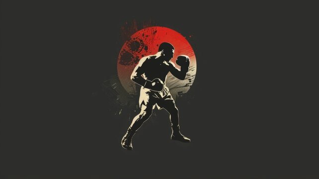 Silhouette of a boxer against red moon - A dark silhouette of a boxer ready to fight stands against a vivid red moon and splattered ink background, portraying strength and combat
