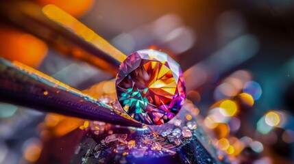 Macro shot of a colorful shiny gem undergoing the final polish in a lapidary workshop soon to be the crown of a beautifully crafted ring - obrazy, fototapety, plakaty