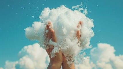 A person is holding a large amount of foam in their hands, AI