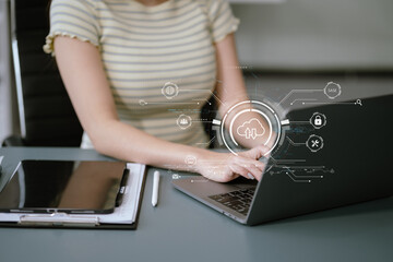 Hand touching Secure Access Service Edge icon on laptop virtual screen background, password,...