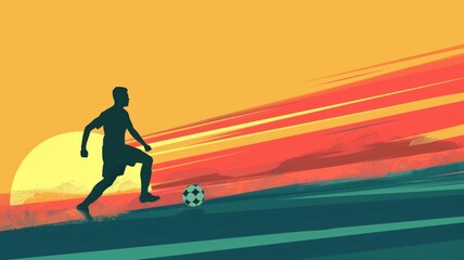 Dynamic silhouette of a soccer player at sunset - A striking image of an active soccer player silhouette contrasting with an intense sunset backdrop