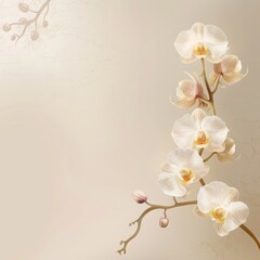 Orchids on a cream backdrop with dewdrops - A warm illustration showcasing a branch of white orchids with dewdrops, against a cream background with subtle details