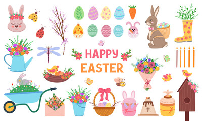 Big Collection of Happy Easter Objects. Vector Illustration for printing, backgrounds, covers and packaging. Image can be used for cards, posters, stickers and textile. Isolated on white background.