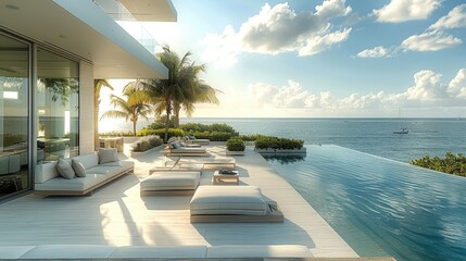 Terrace of a beautiful beach waterfront mansion, clean modern orthogonal architecture, white empty walls, minimal modern interior. Generative AI. - obrazy, fototapety, plakaty