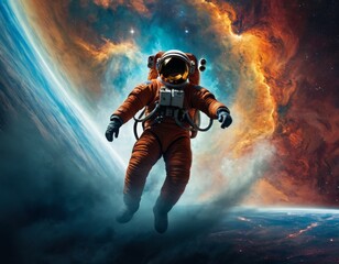 Spacewalk: Astronaut Explores Alien Terrain, Cosmic Explorer: Man in Spacesuit Ventures into the Unknown, Surface of the Unknown: Astronaut in Space Suit Explores New World