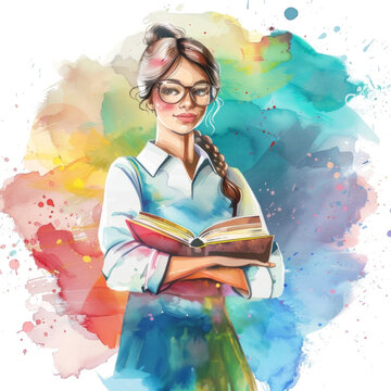 Artistic watercolor painting of a student - A vibrant watercolor illustration of a young woman holding a book, symbolizing intellect and education with a colorful background