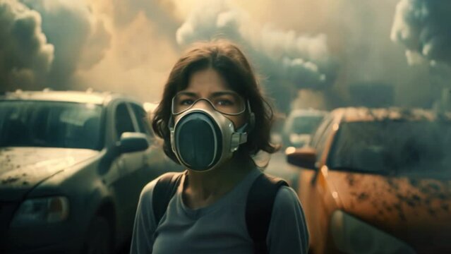  Toxic fumes from cars, factories, PM 2.5 dust, people wearing masks. Depicts the problem of air pollution.
