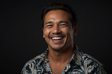 young native hawaiian middle aged man on plain bright black background laughing hysterically looking at camera background banner template ad marketing concept from Generative AI - obrazy, fototapety, plakaty