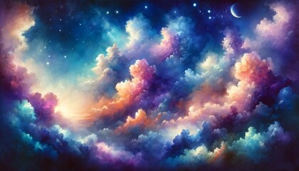 Fantasy Clouds in a Summer Night Sky Watercolor Background, Generative AI