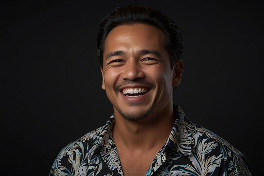 Fototapeta young native hawaiian middle aged man on plain bright black background laughing hysterically looking at camera background banner template ad marketing concept from Generative AI