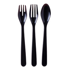 Three black plastic forks and spoons on a transparent background