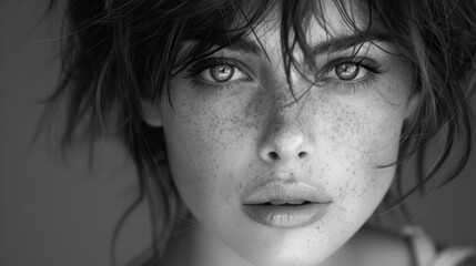 A woman with freckles and a black shirt is looking at the camera, AI - obrazy, fototapety, plakaty
