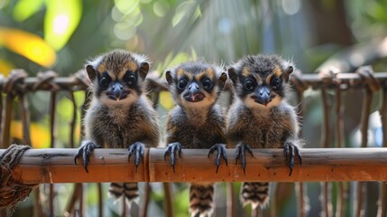 Three small fantasy creatures, mix of birds and lemur, sitting on a wooden pole with their beaks open, AI - obrazy, fototapety, plakaty