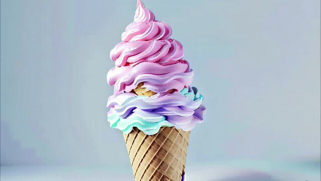 Close up Ice cream in waffle cone with different flavors pastel colors animatiom