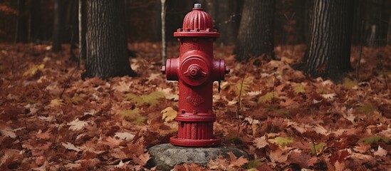 Outdoors, a red fire hydrant photographed vertically. - obrazy, fototapety, plakaty