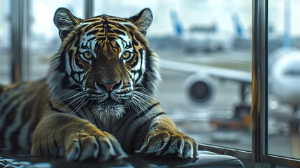 tiger sits in the airport area - obrazy, fototapety, plakaty