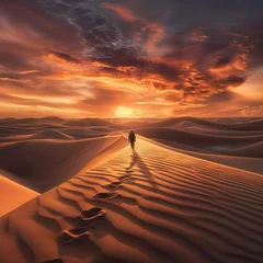 Fotobehang A lonely traveler walks through the endless desert © Oleksandr