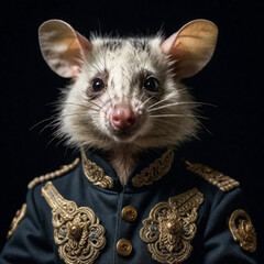 Closeup-of-an-opossum-wearing-a-dark-ornate-milita 