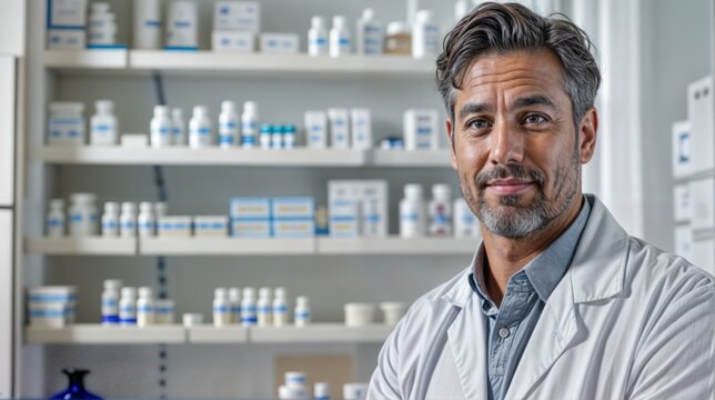 Confident doctor in a pharmacy with healthcare professionalism, smiling at camera