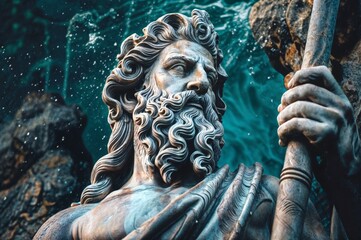 Marble Poseidon sculpture depicts Greek god mythology with sea trident art - obrazy, fototapety, plakaty