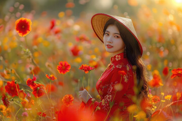 a beautiful vietnamese girl in Ao dai costume, flowers meadow background