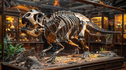 A skeleton of a dinosaur in an exhibit case with other fossils, AI