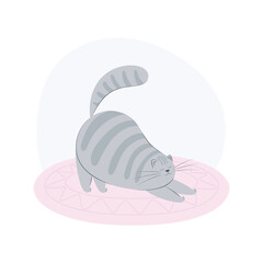 Cute grey striped cat stretching. Flat vector illustration of a pet