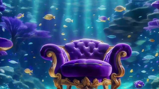 Purple luxury armchair stands in the blue ocean depths, surrounded by fish and coral aniamtion. 