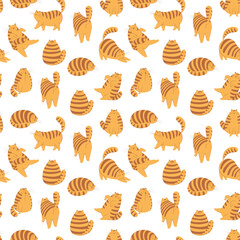Seamless pattern with cute striped ginger cat in different poses and with various emotions. Cat behavior, body language and face expressions