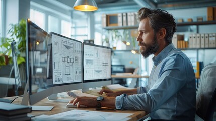 Male architect sitting in front of 3 computer screens checking a construction plan at bright office, modern workspace. Generative AI.