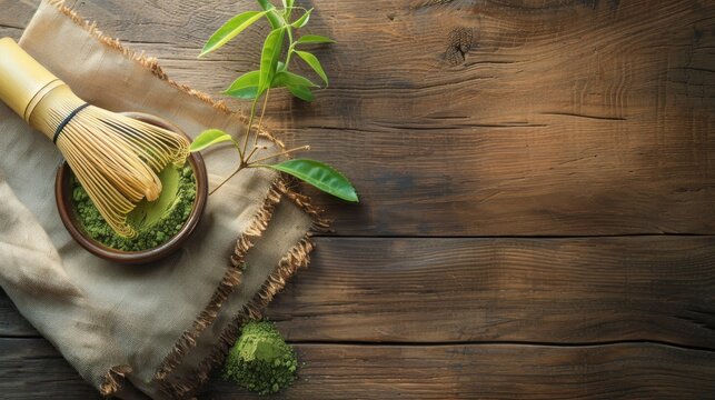 organic matcha green tea powder in bowl with wire whisk and green tea leaf on wooden background