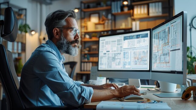Male architect sitting in front of 3 computer screens checking a construction plan at bright office, modern workspace. Generative AI.