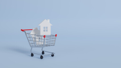 Shopping cart and house on a blue background. Buying and selling real estate. Property investment and house mortgage financial real estate concept. Copy space of home and life concept. 3d render