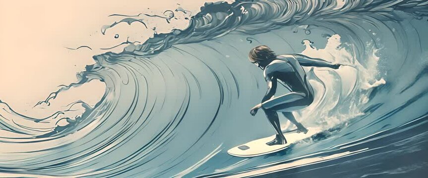 animation of surfing, the surfer doing a free style and tricks on the wave