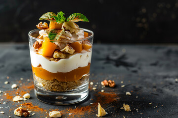 Healthy layered dessert with yogurt, mango and nuts in a glass - Powered by Adobe