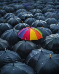 Lone colorful umbrella in a sea of black ones, bright day, wide angle, standing out, vibrant difference, Hyper realistic