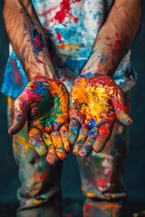 A man with hands covered in paint holding them out, AI