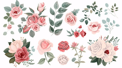 Fototapeta na wymiar set of rose flowers and green leaves, Generative AI.