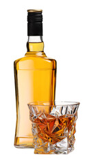 Glass and bottle of whiskey isolated on white