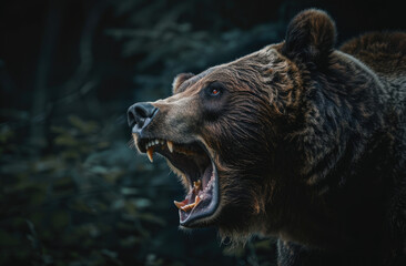 A grizzly bear roaring in the wilderness, its mouth wide open showing sharp teeth and long claws