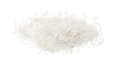 Pile of raw basmati rice isolated on white, above view