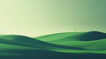 Minimalistic hills and lone flag on golf course - An expansive view of rolling hills on a golf course, marked by a single distant flag simplifying complexity
