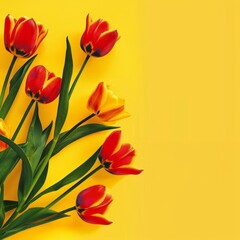 Group of Red Tulips Lying on Yellow - An image capturing a group of red tulips scattered artistically on a yellow background