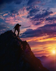 A climber reaching the peak, purpose in every step  inspirational, wide angle, sunrise, professional color grading, clean sharp,clean sharp focus, digital photography