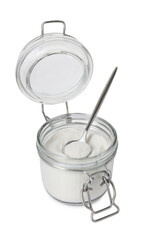 Baking powder in glass jar and spoon isolated on white